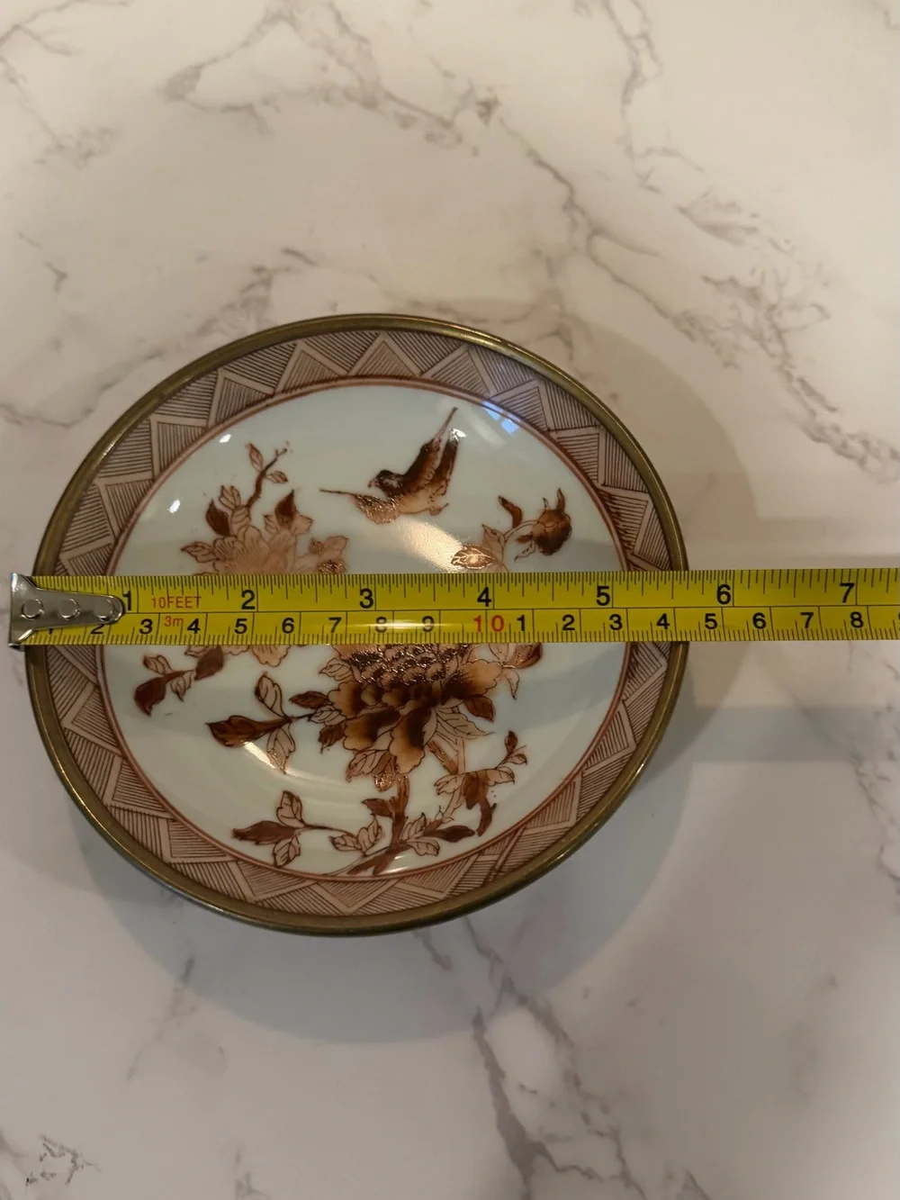 Vintage Japanese Porcelain Brass Mounted Bowl Bird & Floral Trinket Dish 6”